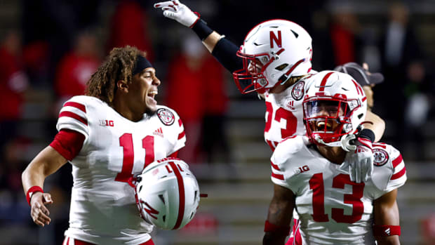 2022 Nebraska-Rutgers celebration Casey Thompson and Malcolm Hartzog
